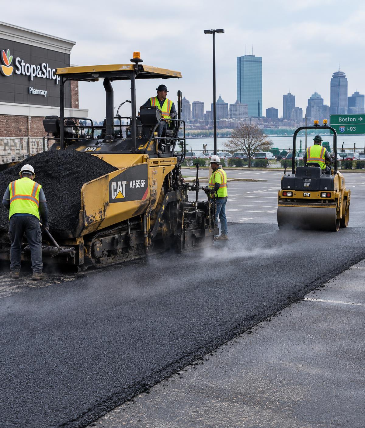 Paving crew resurfacing a commercial parking lot near Boston