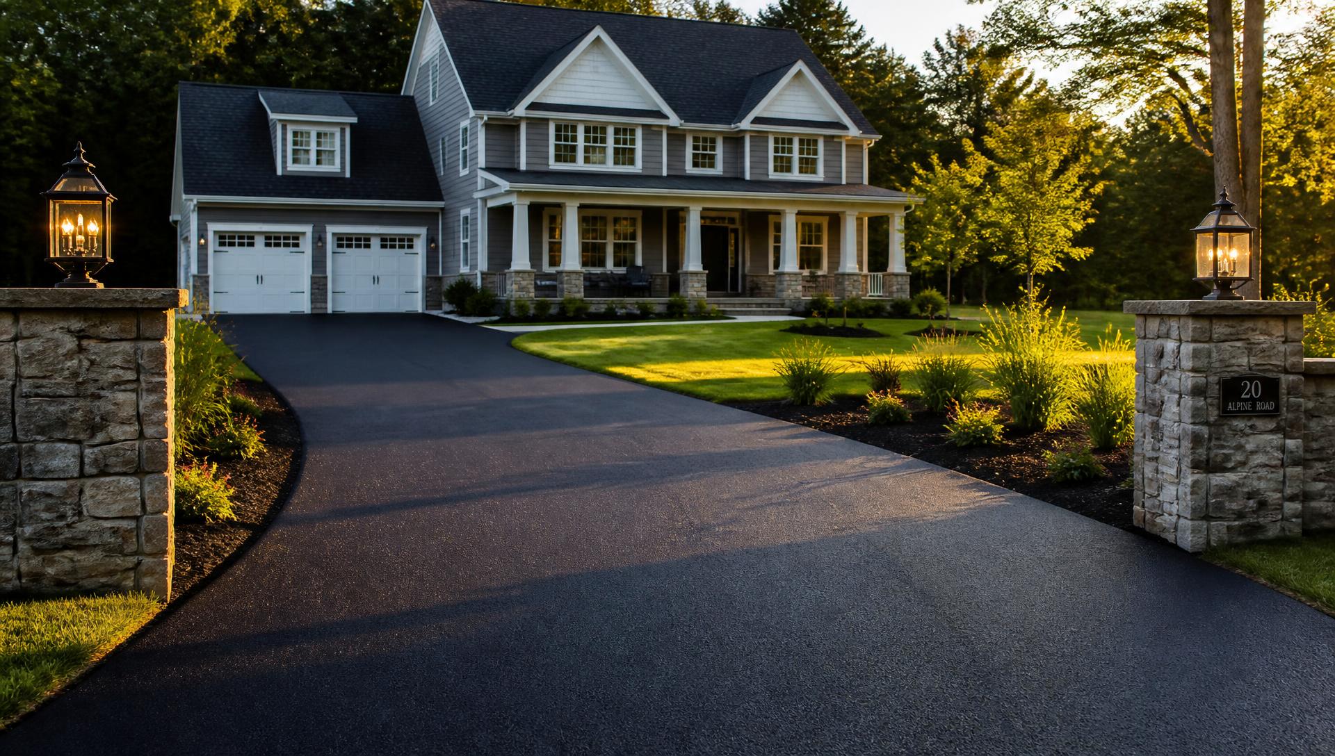 Freshly paved asphalt driveway leading to a home in the Greater Boston area