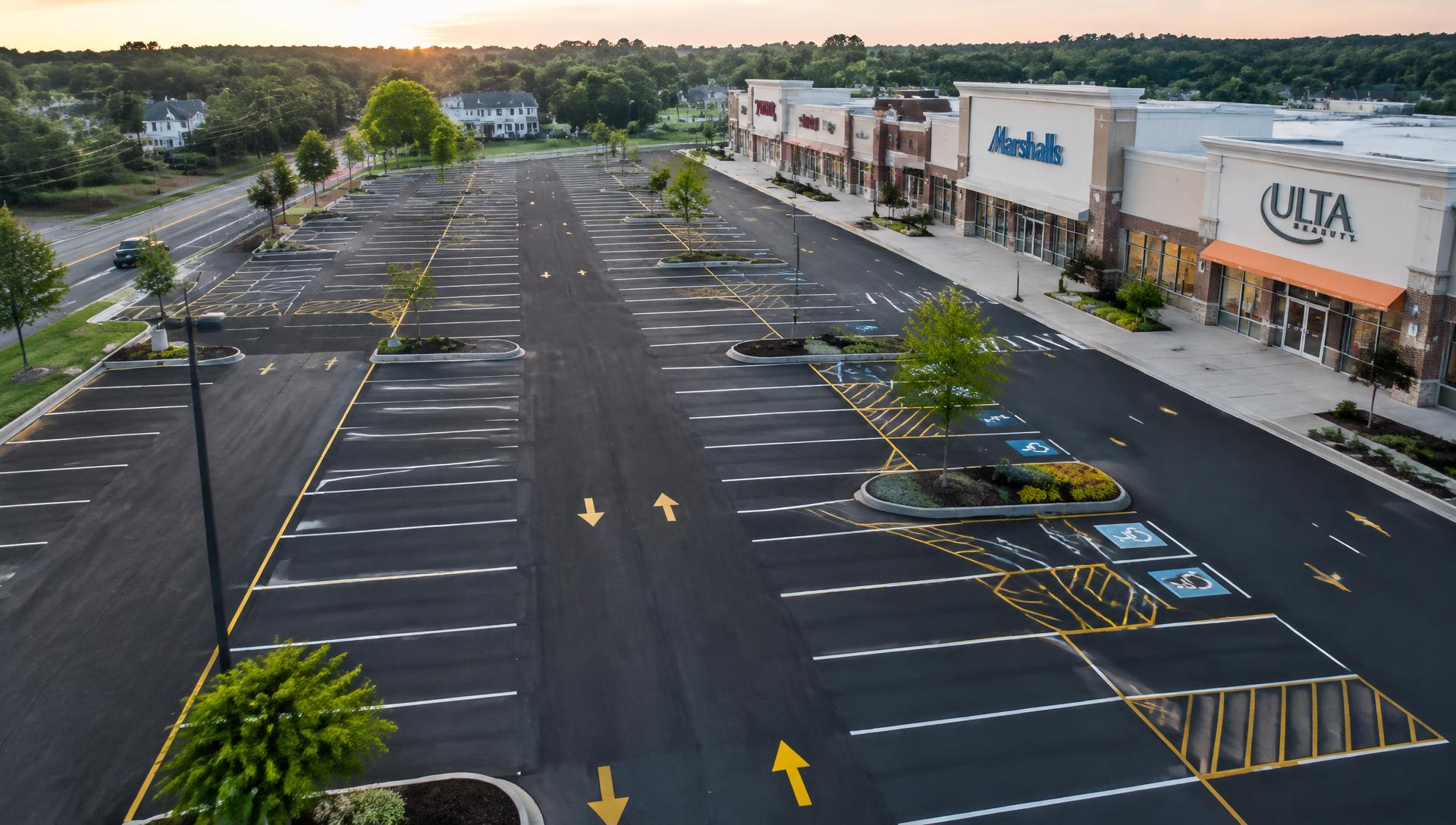 Freshly resurfaced commercial parking lot with new line striping